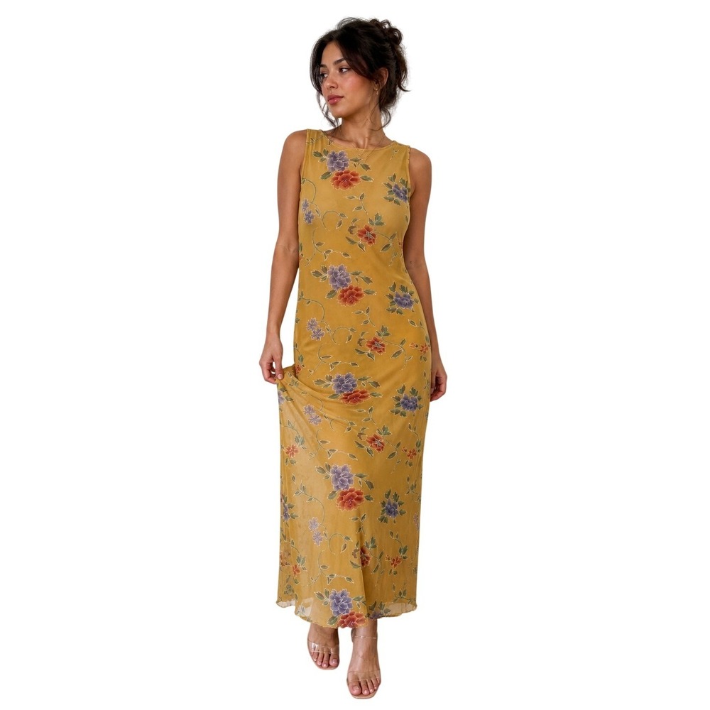 ZANONI BY JALATE 90s Yellow Floral Mesh Maxi Dress garden party Lettuce Hem M‎